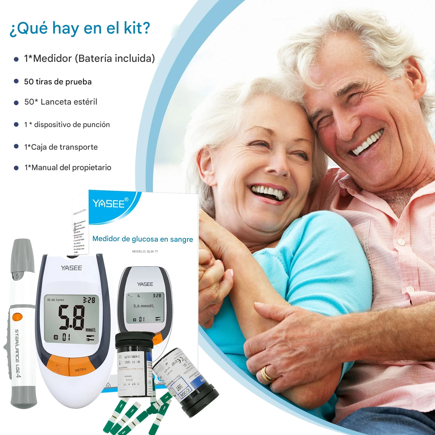 Medidor de Glucosa en Sangre YASEE GLS‑77 – Kit Completo (50 Tiras + 50 Lancetas)